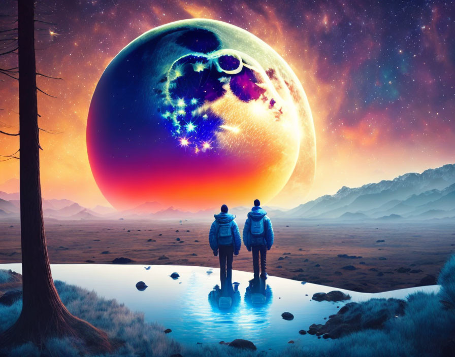 Two individuals by a lake observing a surreal, colorful planet in a starry sky.