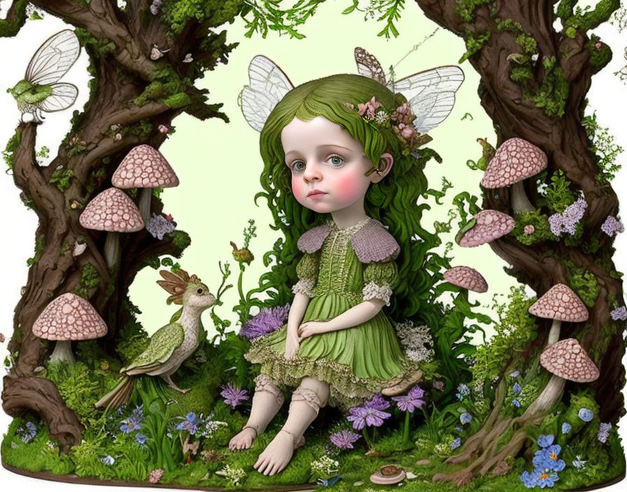 Child-like fairy with wings in enchanted forest scene