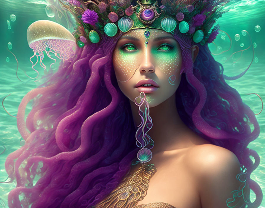 Fantastical image: Woman with purple hair, sea-themed accessories, teal ocean backdrop