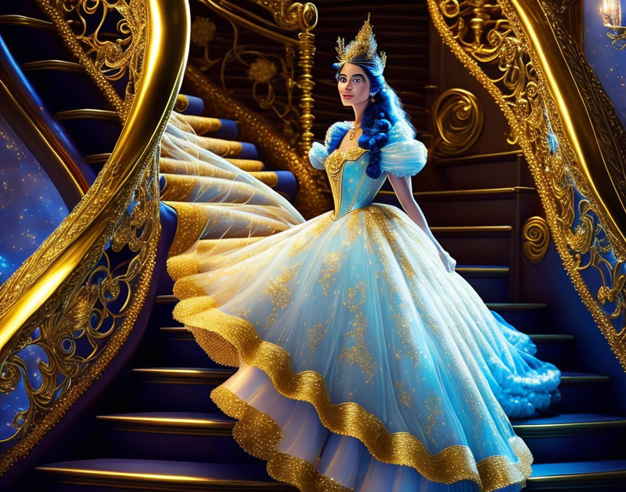 Elaborate blue gown woman on grand staircase with golden accents