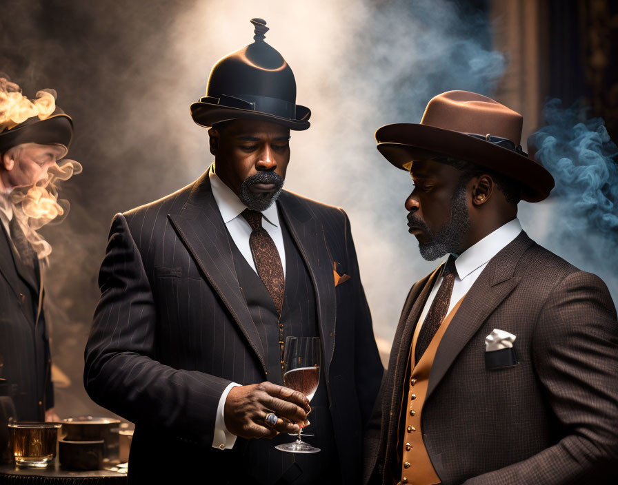 Two men in suits and hats with drinks in dim, smoky setting