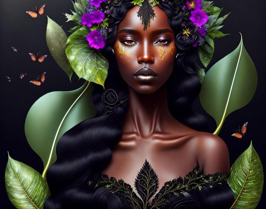 Digital artwork: Woman adorned with floral and leaf designs, butterflies on dark background