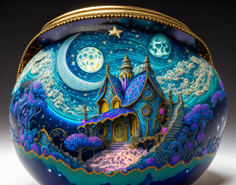 Cosmic-themed spherical vase with fantasy landscape artwork