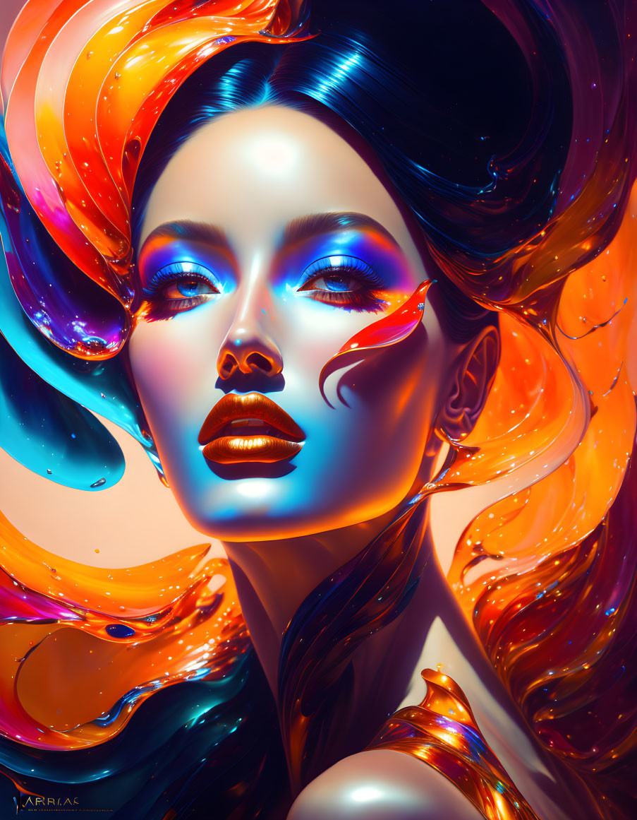 Colorful digital artwork: Woman with multicolored hair and blue eyes