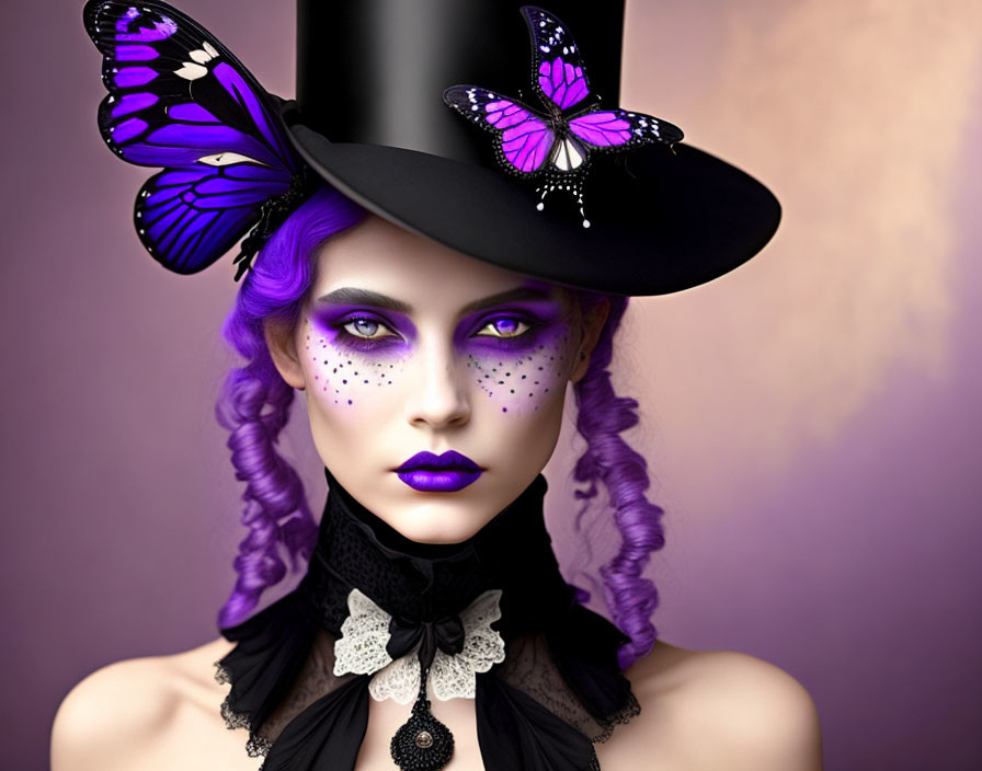 Person with Purple Makeup and Hair in Top Hat with Butterfly on Violet Background