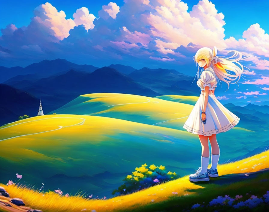 Blonde girl in white dress on grassy hill with colorful landscape