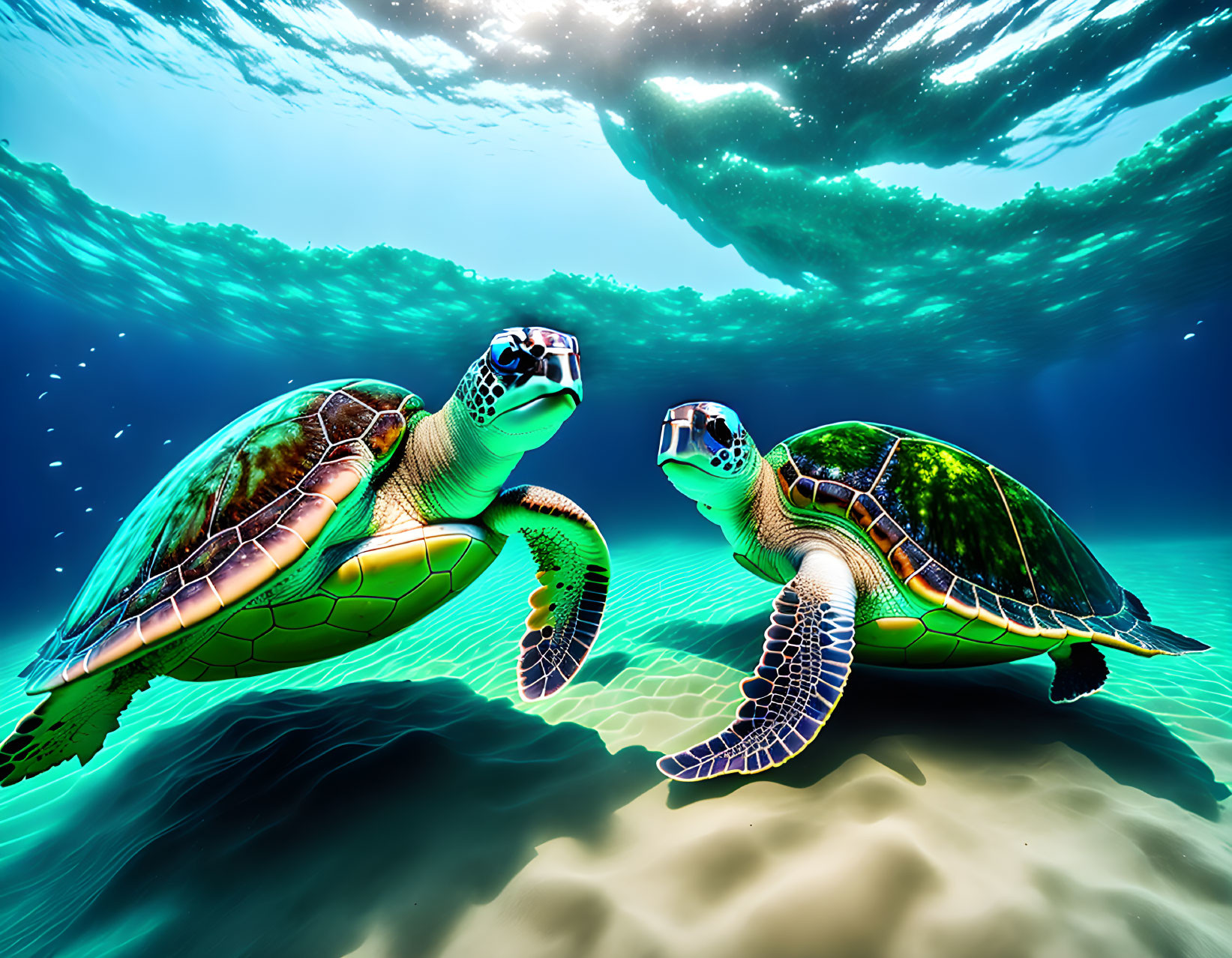 Sea turtles swimming near ocean surface in sunlight-filtered water