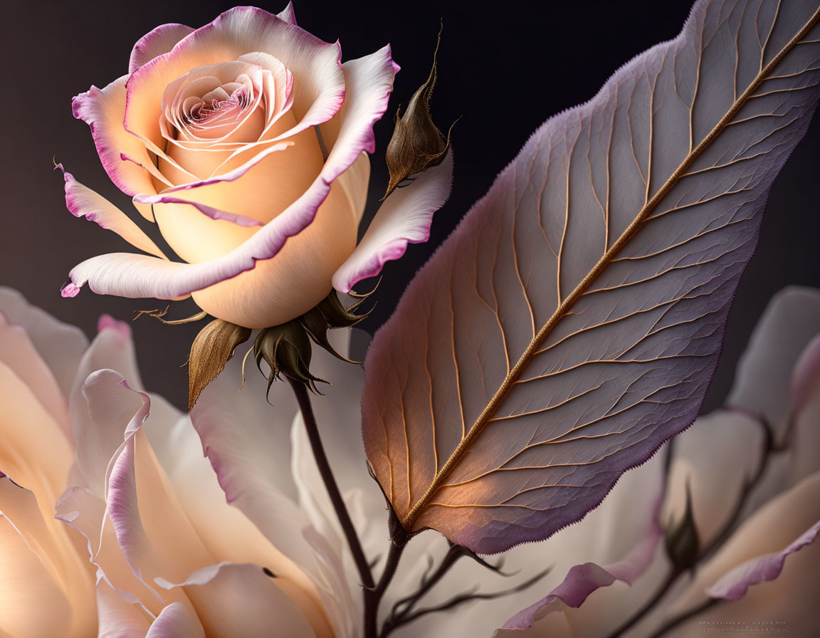 Detailed close-up of cream to pink rose with soft petals and dark leaves.