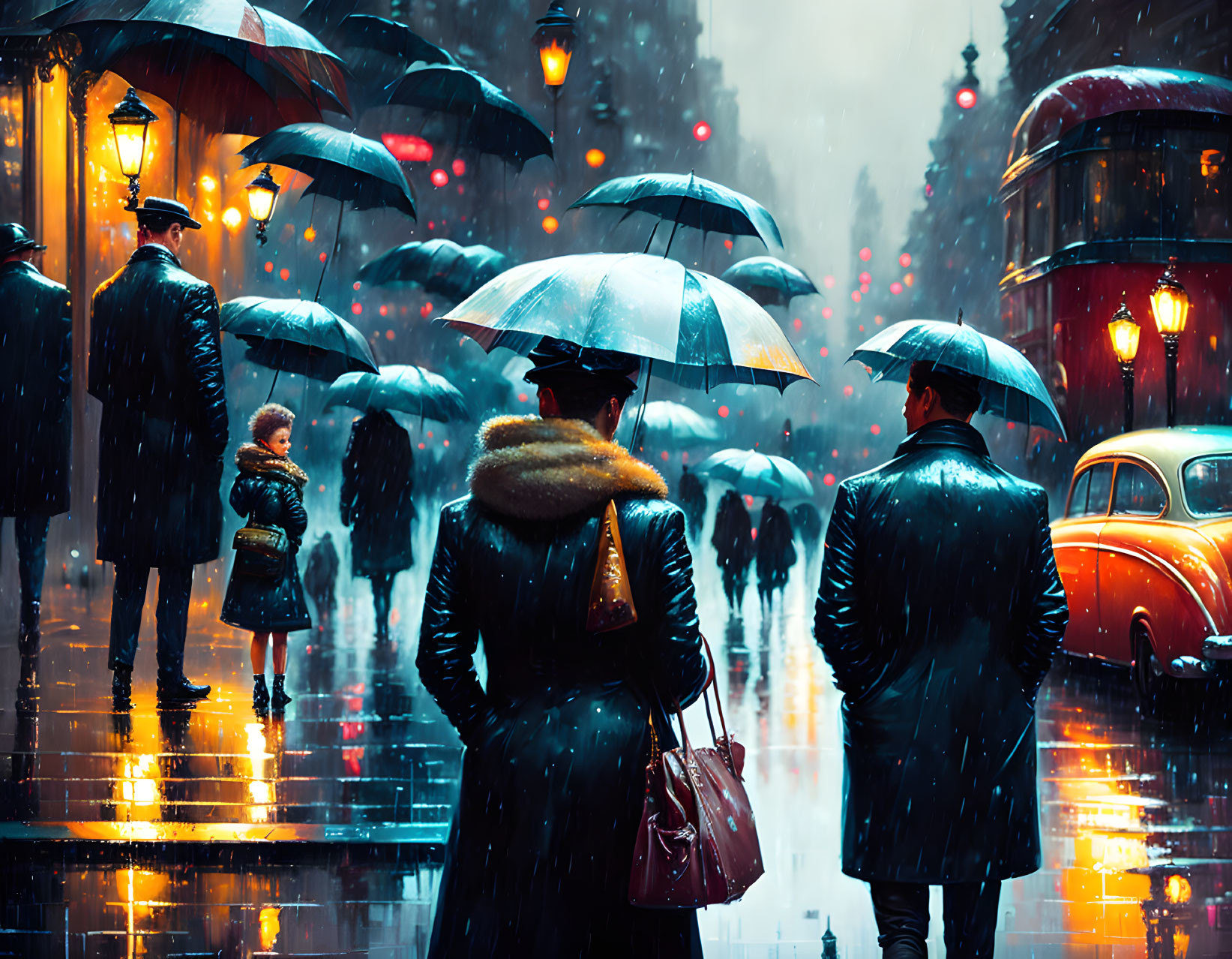 Rainy city street scene with people holding umbrellas at night