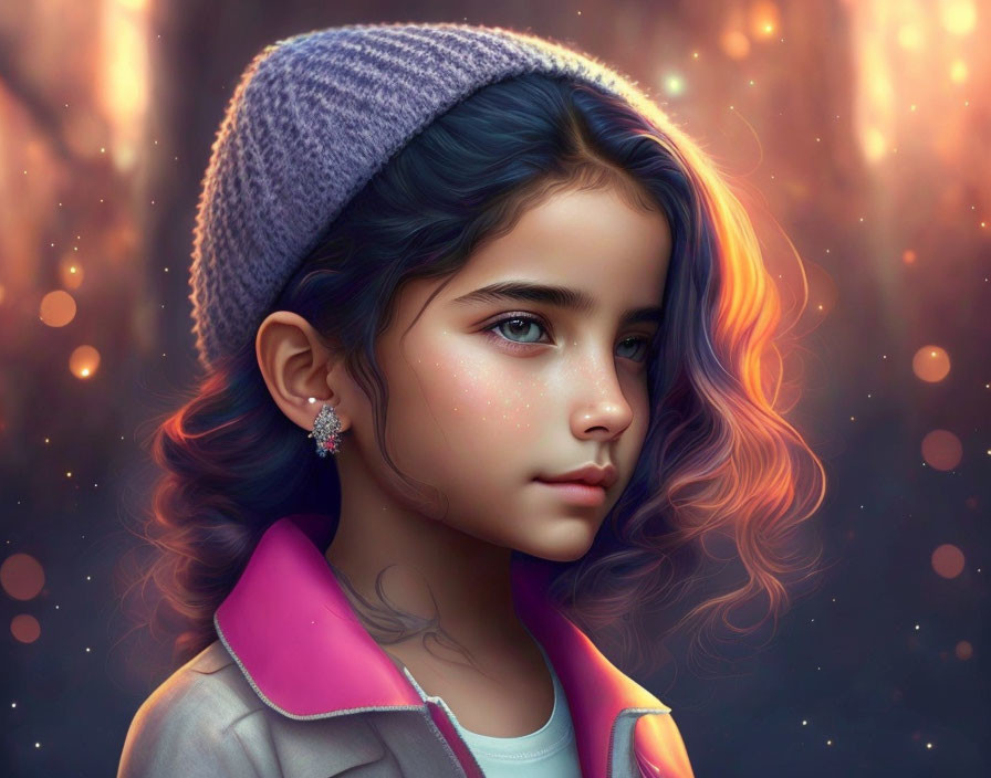 Young girl in knitted cap with purple collar on bokeh light background