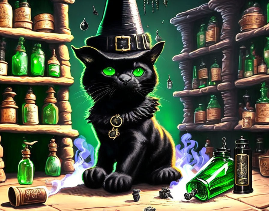 Black Cat in Witch Hat Surrounded by Potion Bottles and Green Smoke