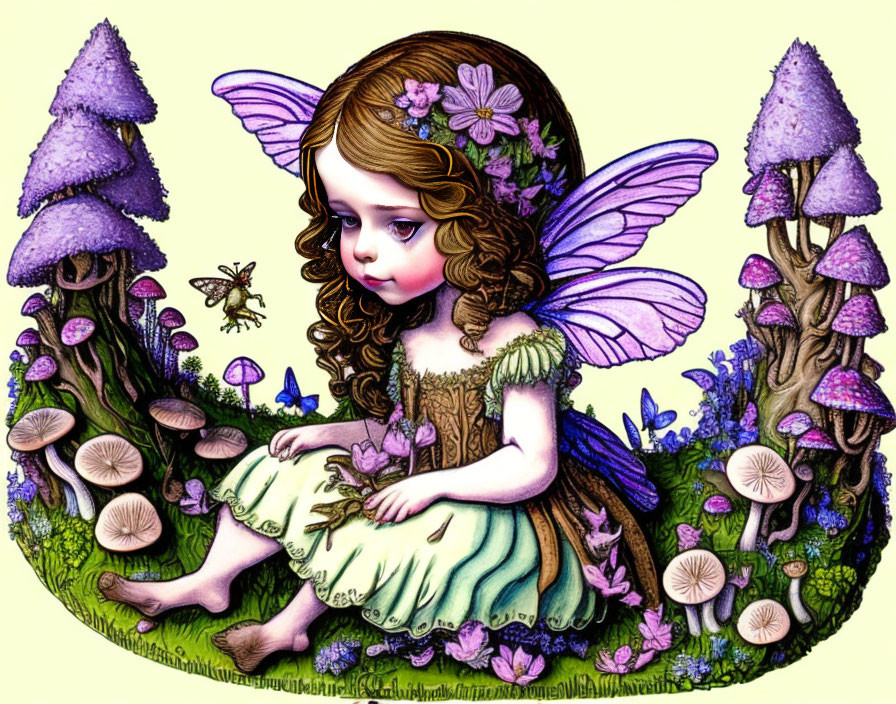 Fairy with delicate wings among purple mushrooms and green flora