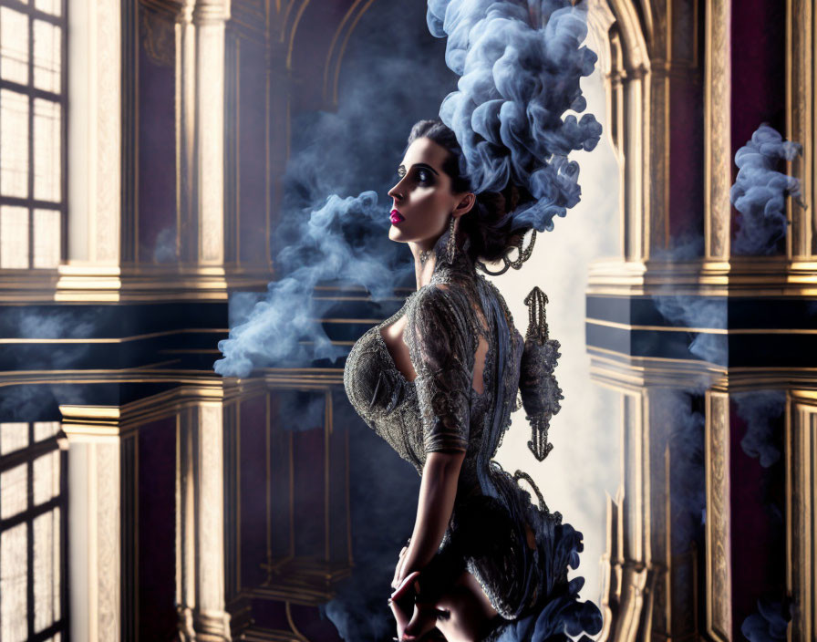 Vintage dress woman poses in luxurious room with swirling smoke & dramatic lighting