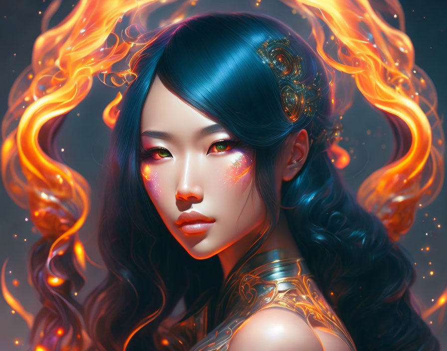 Blue-haired woman with fiery elements in digital art