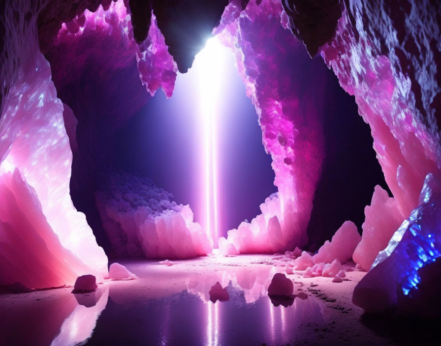 Pink-lit Crystal Cave with Central Beam of Light