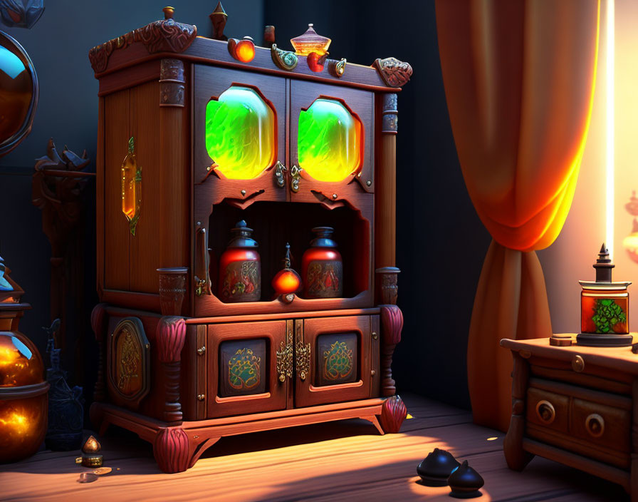 Whimsical animated image of magical wooden cabinet with glowing green jars