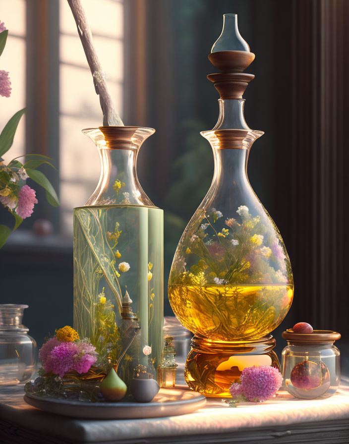 Natural light highlights botanical display of glass jars and vases with flowers and herbs