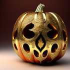 Intricate golden pumpkin with filigree patterns on warm brown background