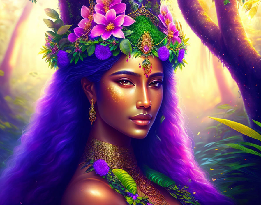 Portrait of Woman with Purple Hair, Floral Crown, and Forest Background