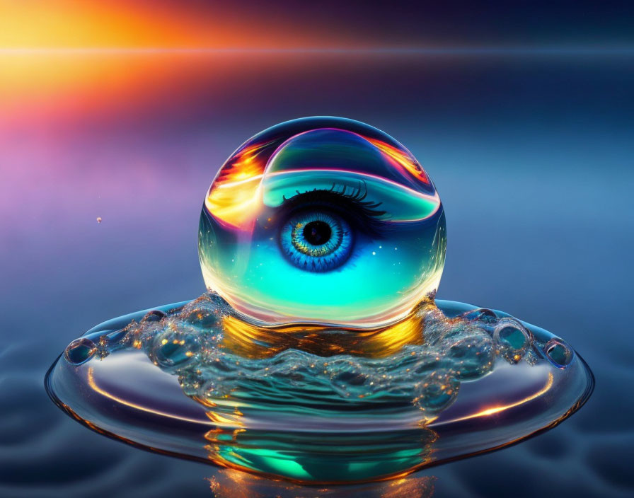 Colorful Glass Orb with Eye Design on Water Surface at Sunset