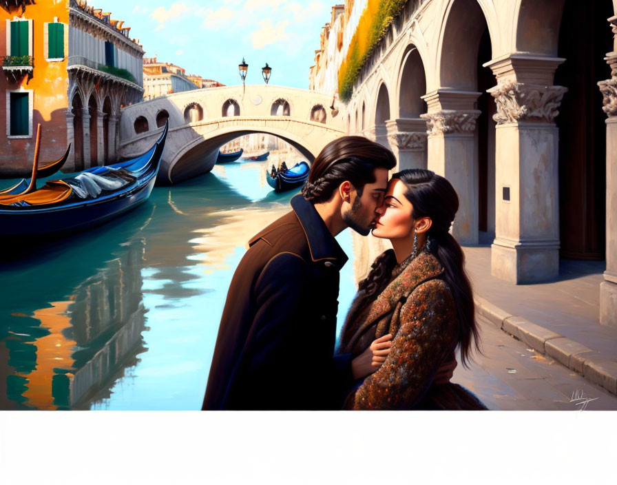 Romantic kiss near Venetian canal, gondolas & arched bridge under blue sky