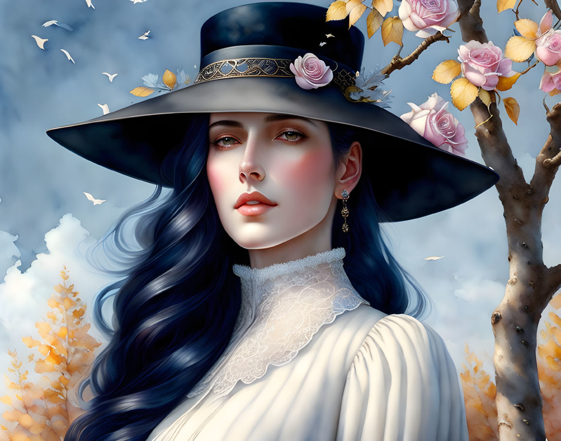 Portrait of woman with long blue hair in black hat and white blouse, surrounded by nature.