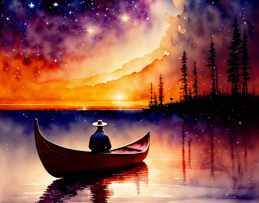 Scenic painting of person in canoe under starry sky and northern lights.