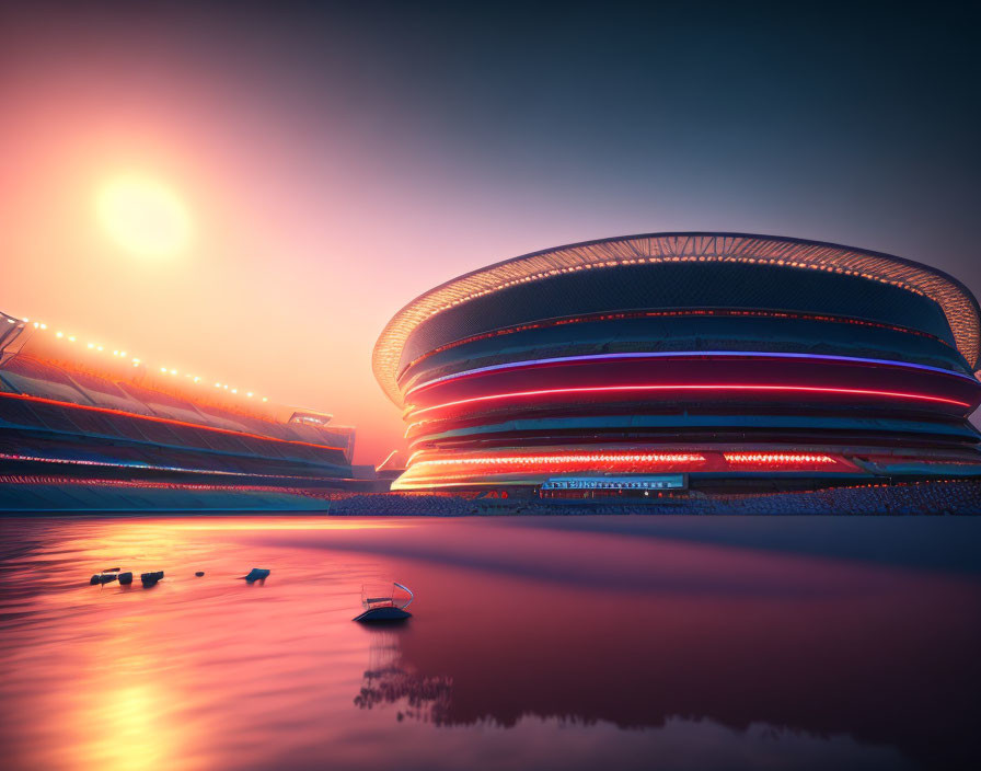 Futuristic stadium with layered rings under sunset sky reflected in tranquil water