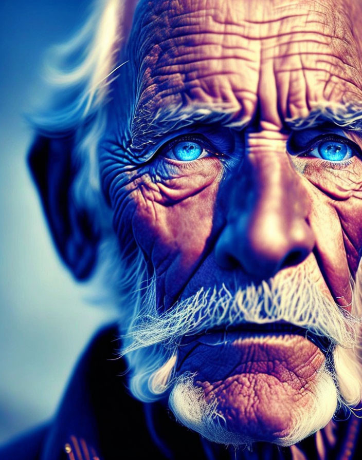 Elderly man with deep wrinkles and blue eyes portrait.