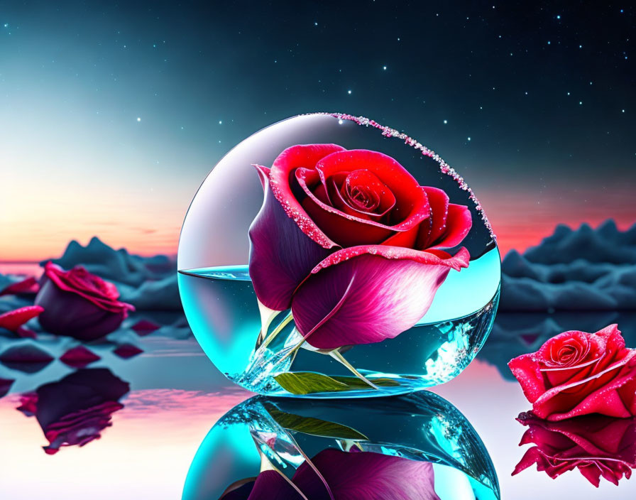 Red rose in transparent sphere with twilight sky and calm waters