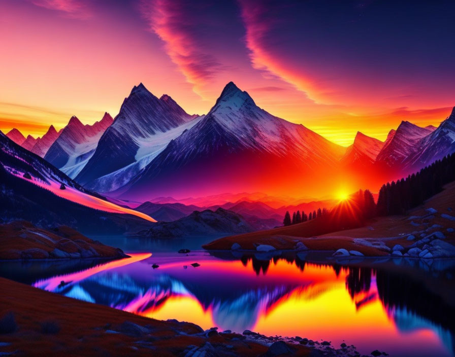 Scenic mountain lake sunset with purple and orange hues