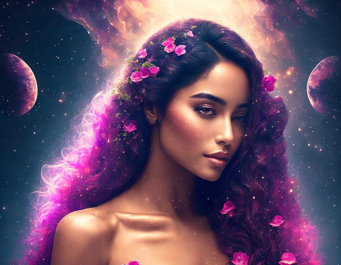 Surreal portrait: Woman with purple cosmic hair and flowers, planets and stars on dark space background