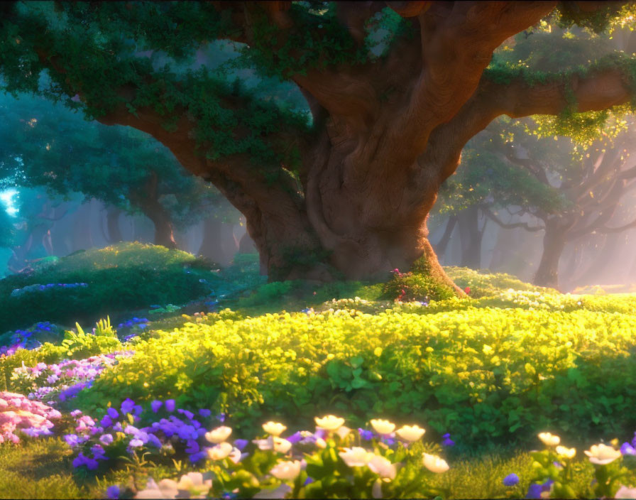 Serene enchanted forest glade with vibrant flowers and sunlight filtering through trees