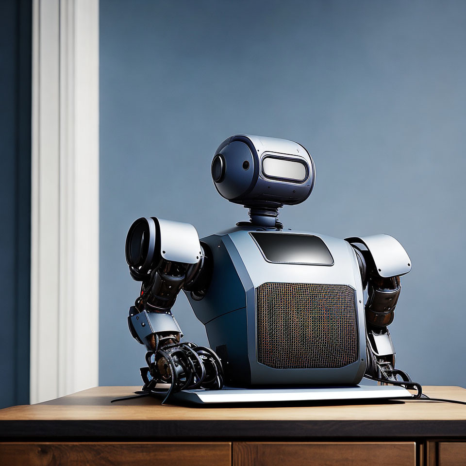 Stylized humanoid robot with articulated arms and screen chest sitting on table