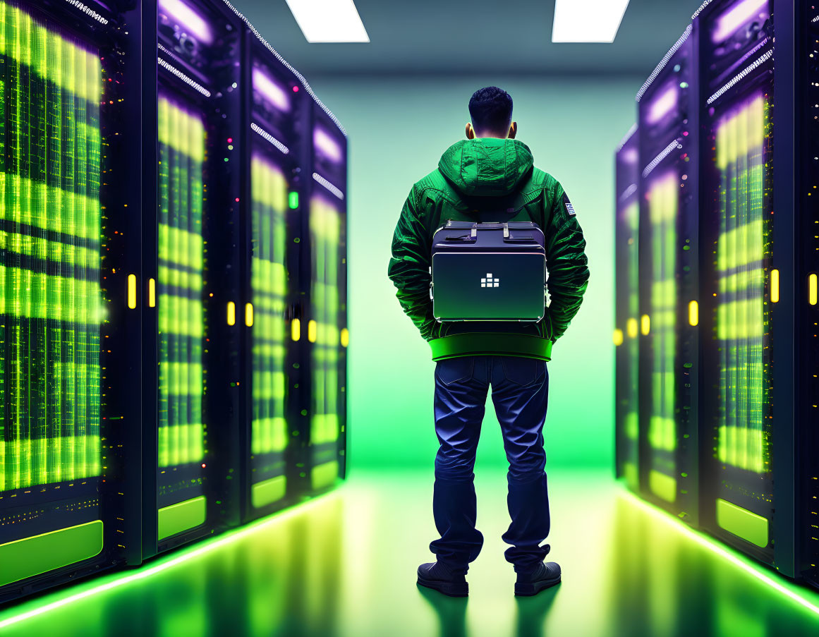 Person in Data Center Among Illuminated Server Racks