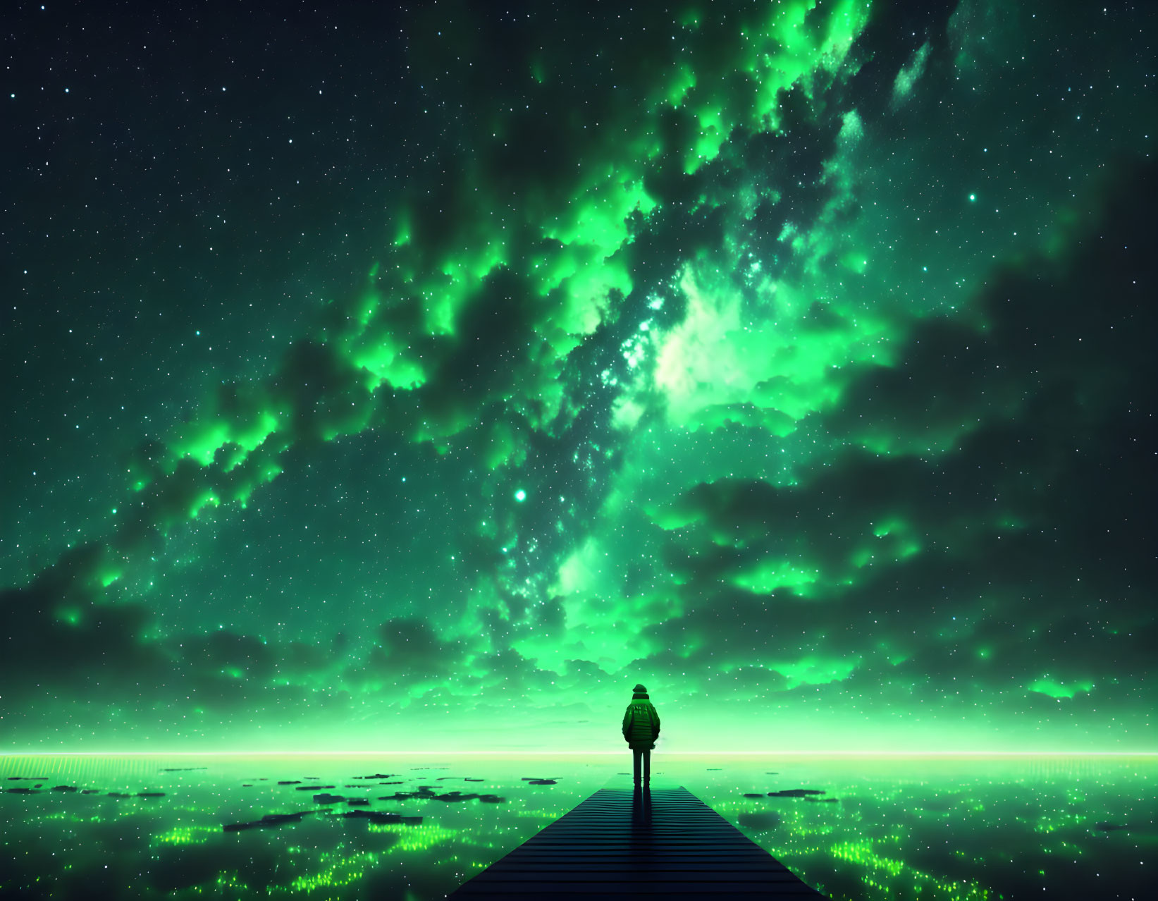 Person standing on pier under starry sky with green auroras