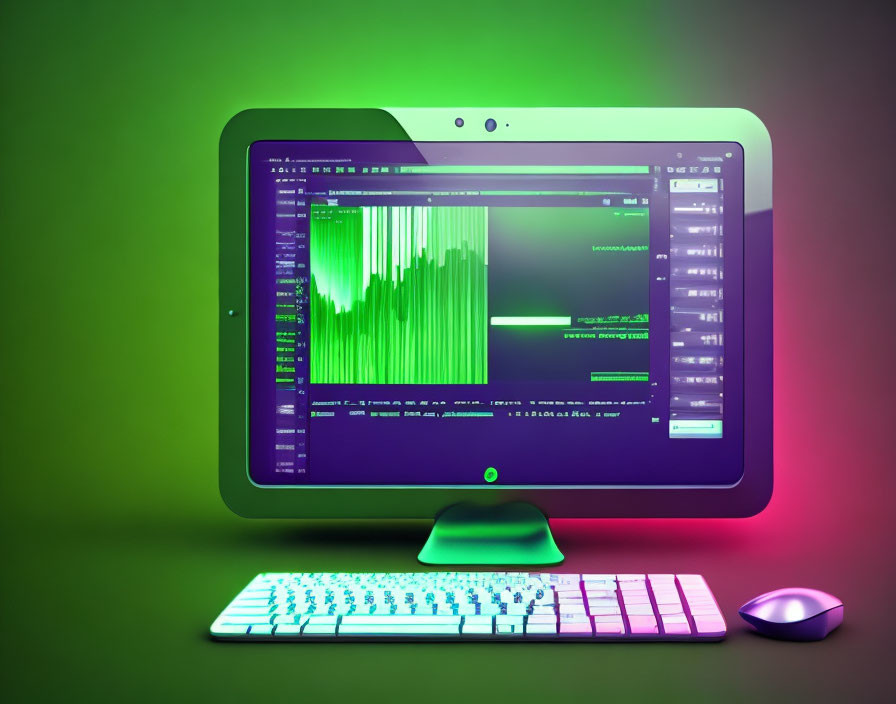 Illuminated Keyboard and Mouse with Audio Editing Software on Monitor