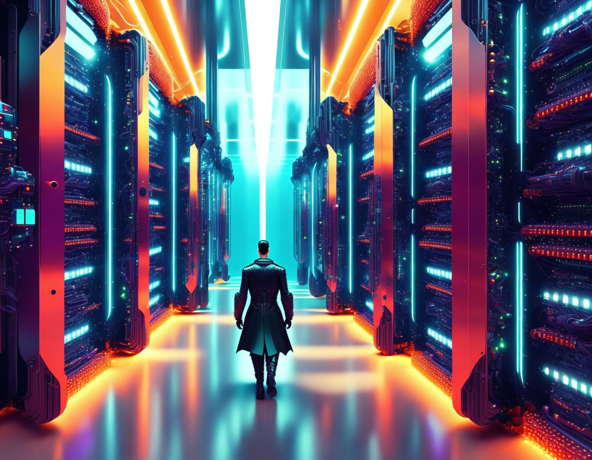 Person in suit in neon-lit data center surrounded by futuristic servers