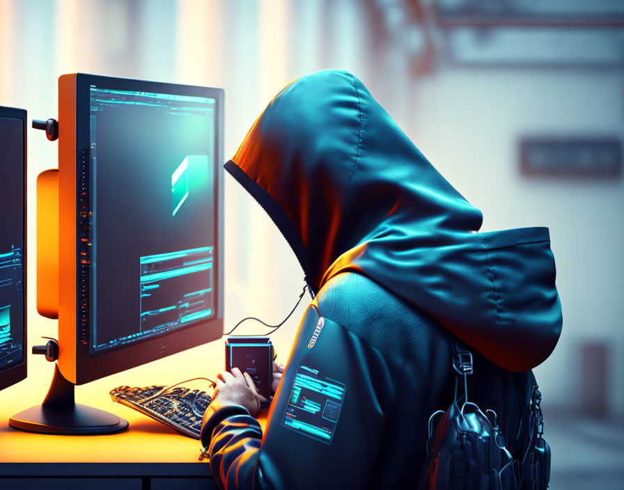 Hooded Figure with Headphones in Neon-lit Computer Setup