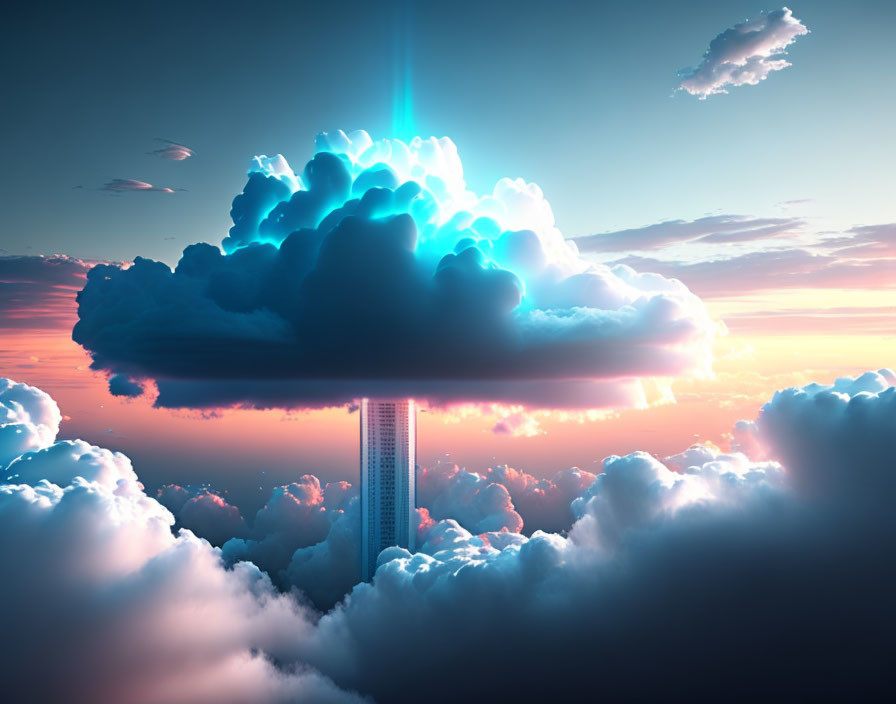 Skyscraper in massive cloud with glowing blue core & piercing light