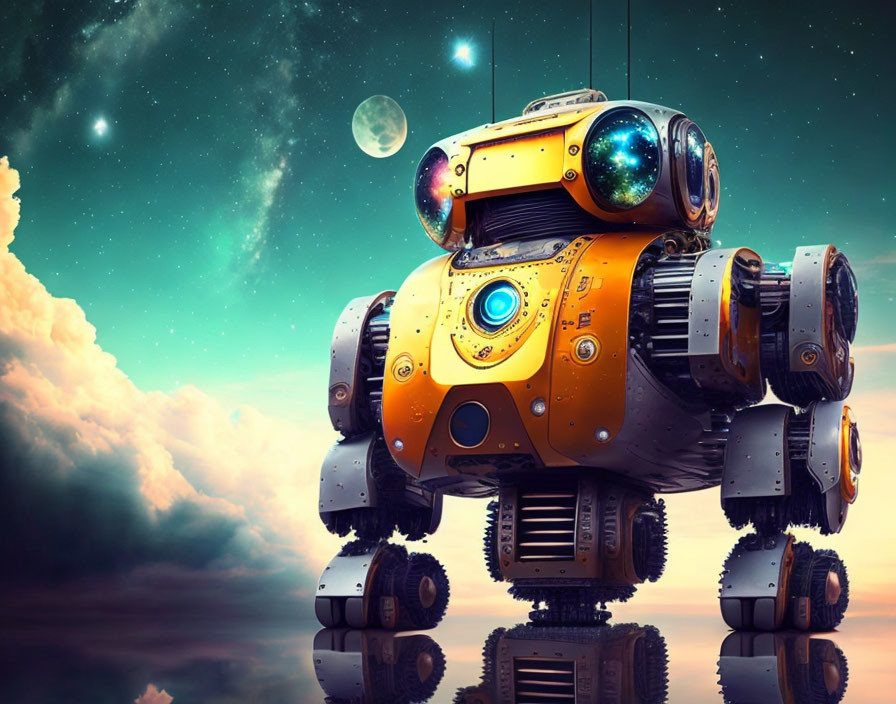 Yellow whimsical robot against cosmic backdrop with stars and planets