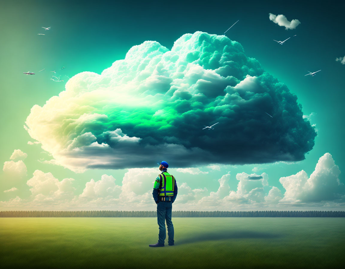 Person in safety vest observes airplanes circling massive cloud over serene field