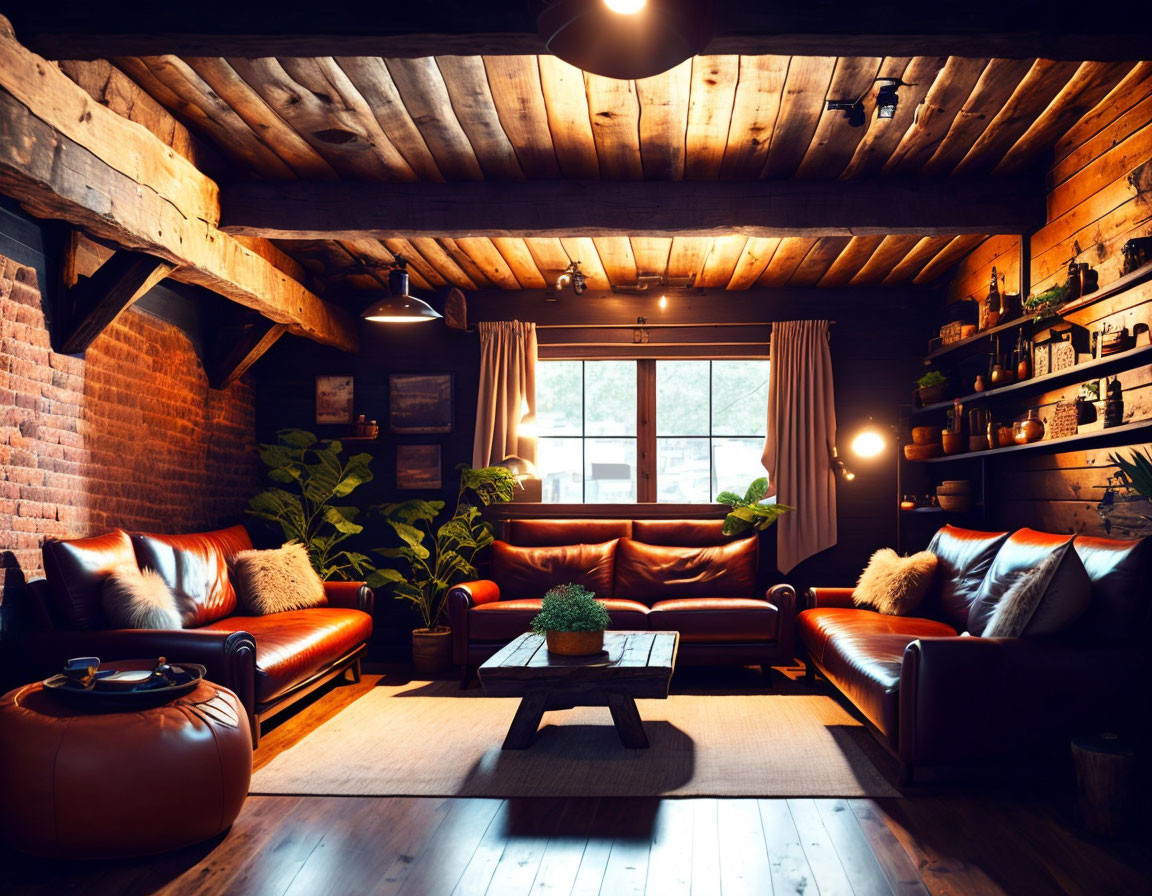 Inviting living room with leather sofas, brick walls, wooden ceiling, and large window.