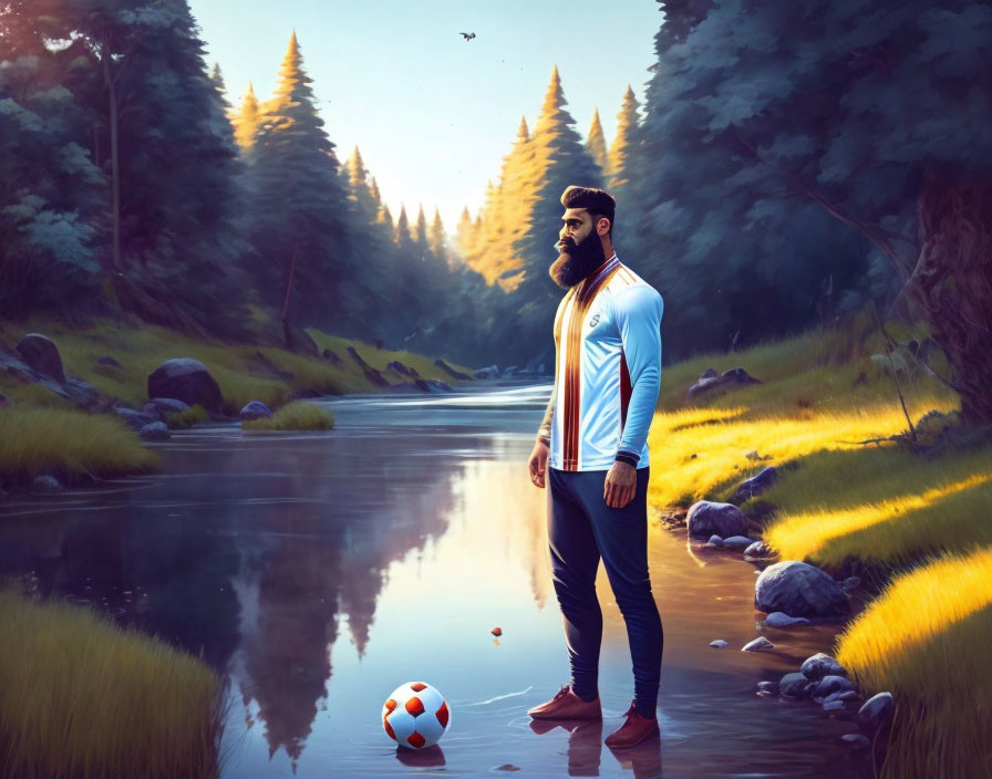 Bearded man in sportswear with soccer ball by forest stream at sunset