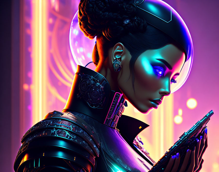 Futuristic female cyborg in intricate armor with glowing blue lights