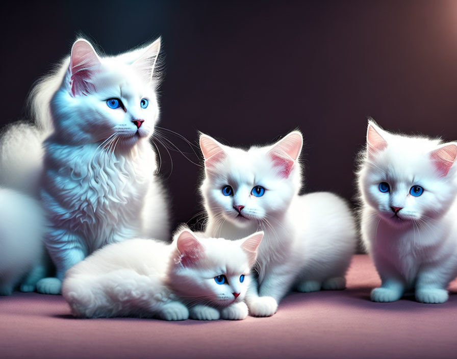 Four Fluffy White Kittens with Blue Eyes Gathered Together