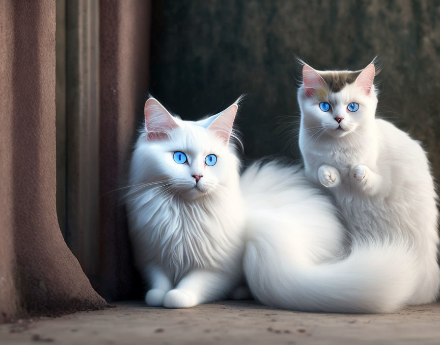 Two White Cats with Striking Blue Eyes Resting Against Wall