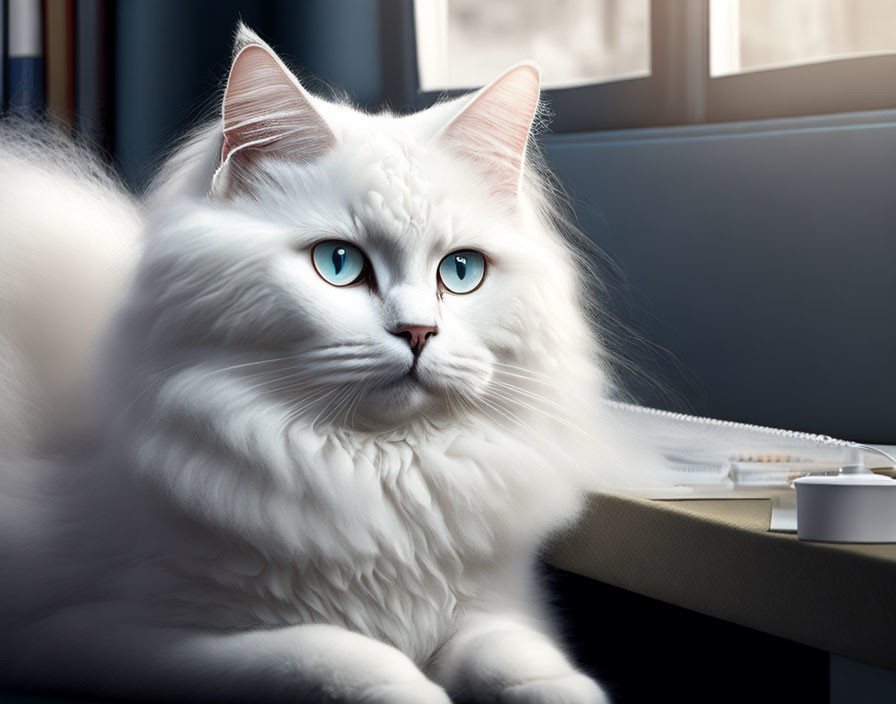 Fluffy White Cat with Blue Eyes by Window