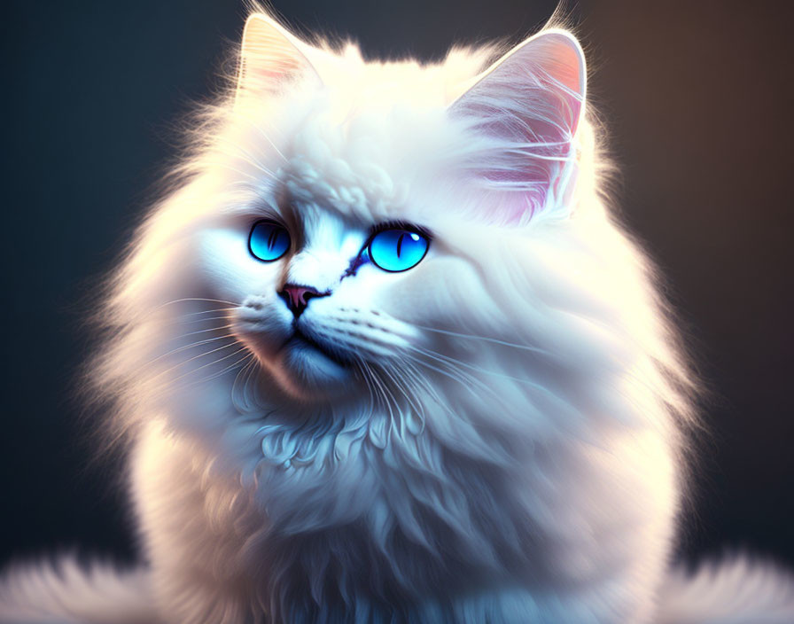 Ethereal white cat with blue eyes in gentle blue light