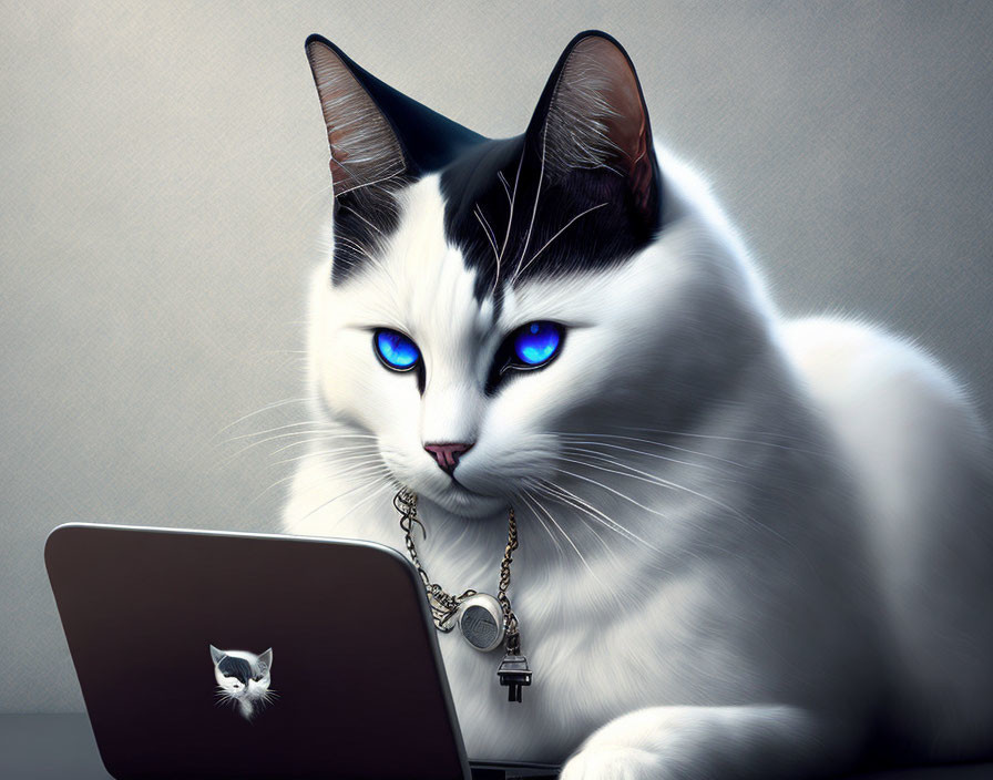 Black and White Cat with Blue Eyes and Necklace by Miniature Laptop with Cat Logo